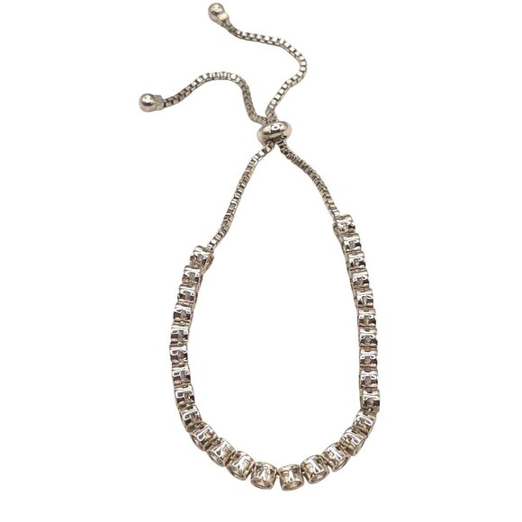 Adjustable Silver-Tone Bracelet With Clear Rhinestones & Box Chain Design - Picture 2 of 8